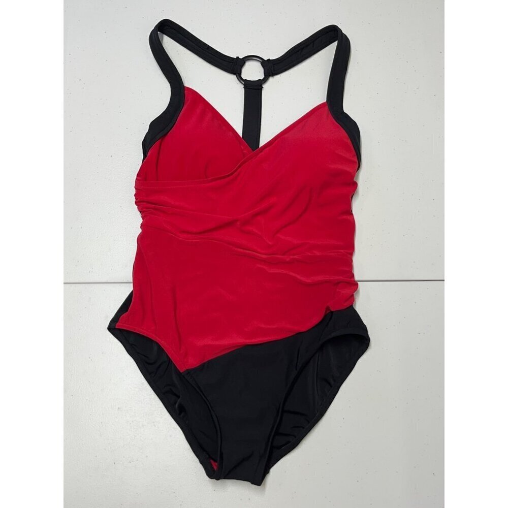 Aquagreen Colorblock One Piece Swimsuit Ruching Waistline Red Black Small NEW